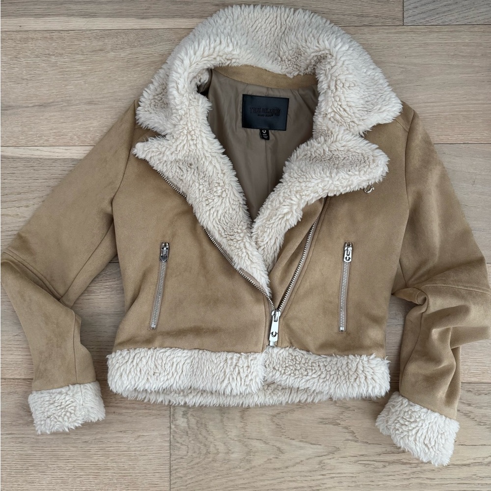 Tan Faux Suede Jacket with Cream Sherpa Lining